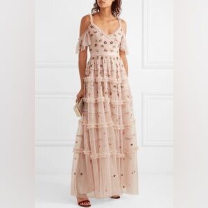 Needle & Thread Celeste Cold-shoulder Embroidered-tulle Dress in Peach/ Pink US2